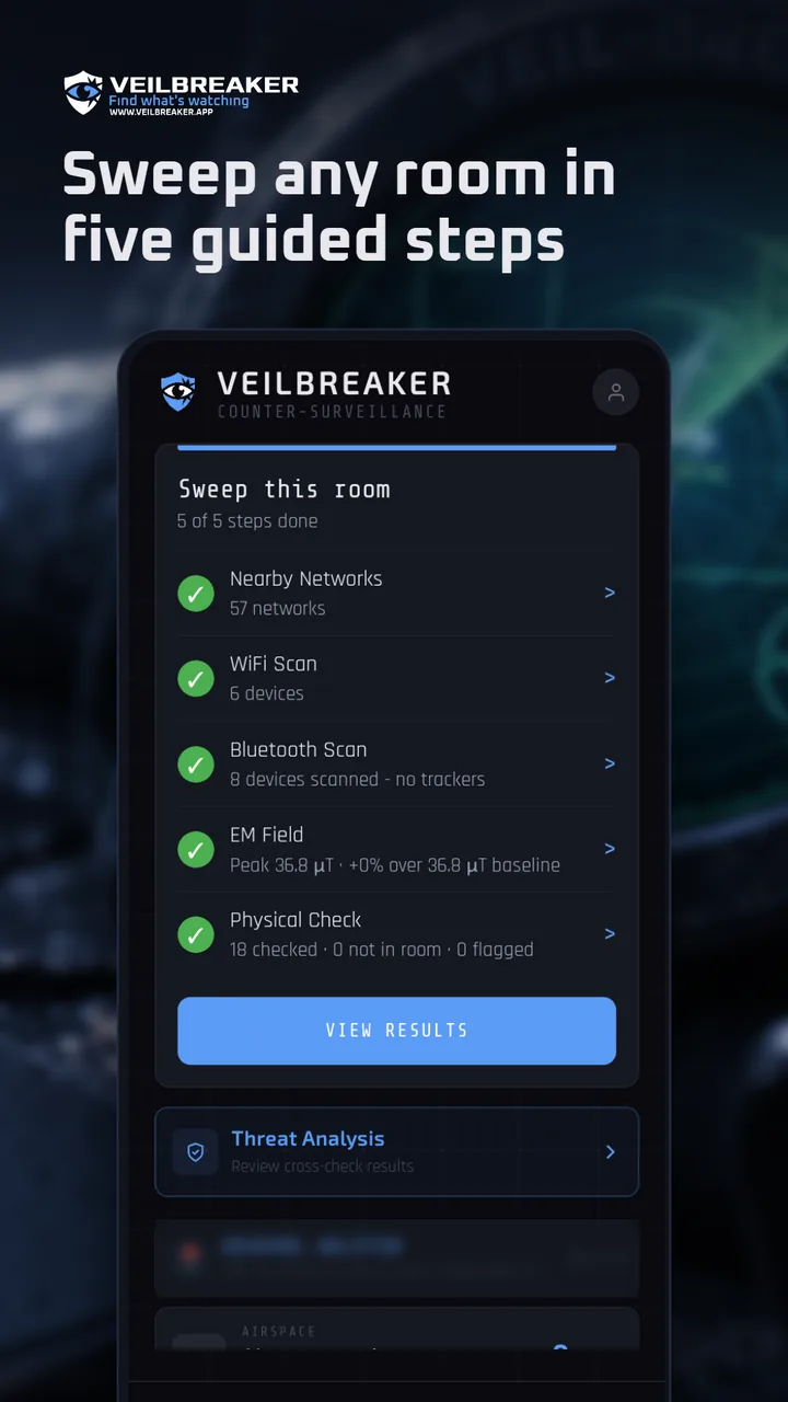 Guided sweep with five steps: Nearby Networks, WiFi Scan, Bluetooth Scan, EM Field and Physical Check