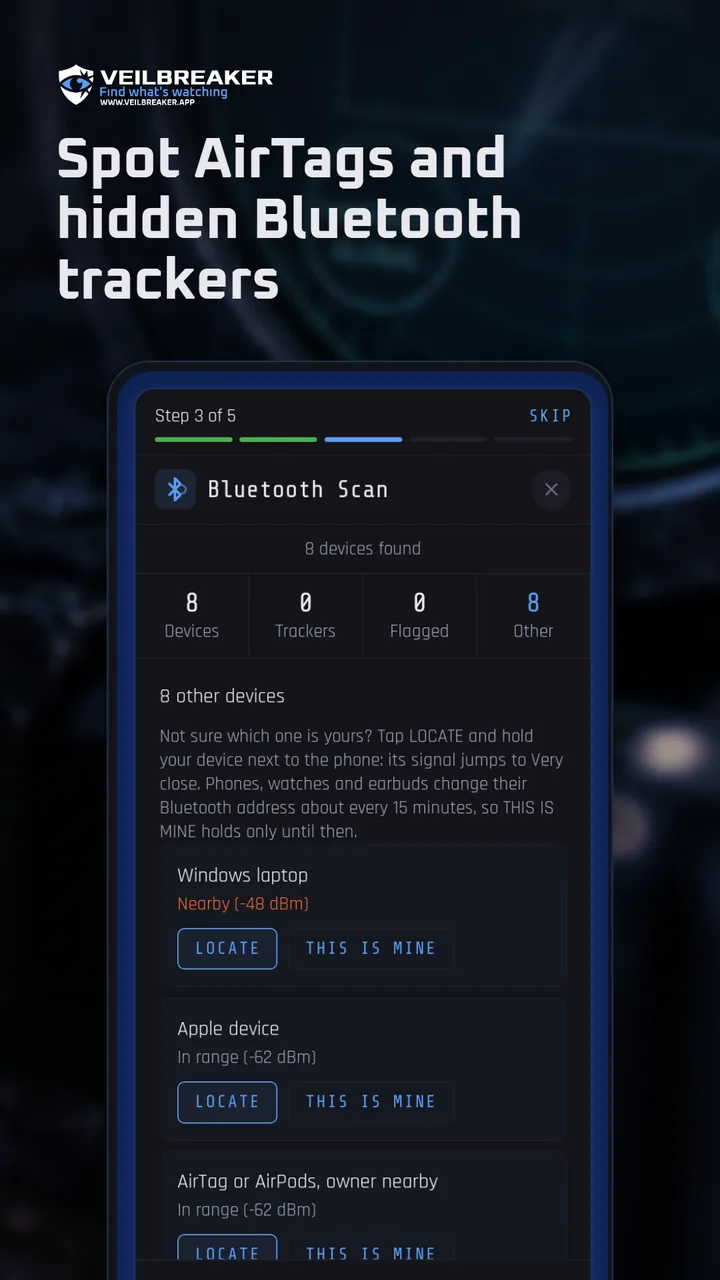 Bluetooth scan step listing nearby devices and trackers