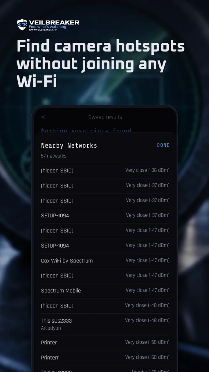 Nearby Networks results listing Wi-Fi networks and signal strength