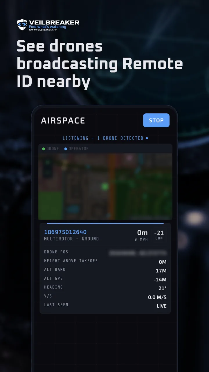 Airspace screen showing a drone broadcasting Remote ID