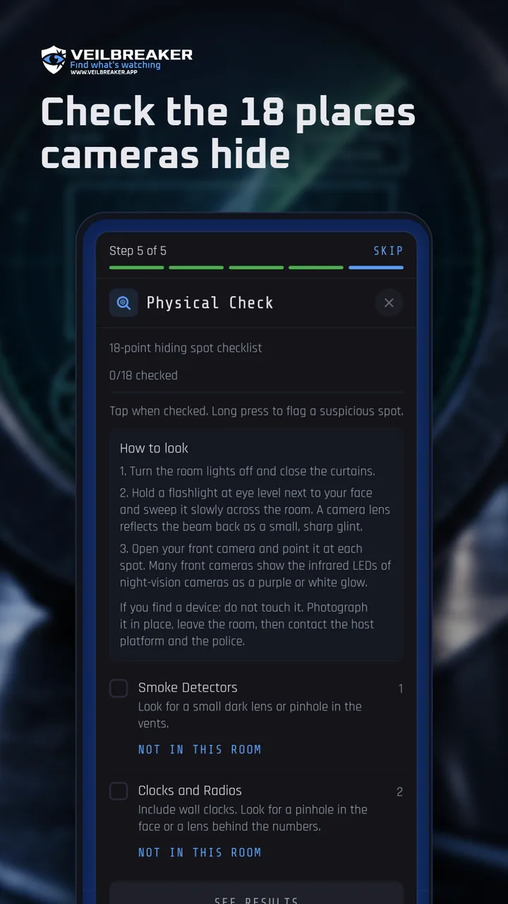 Physical check with the 18 places cameras hide