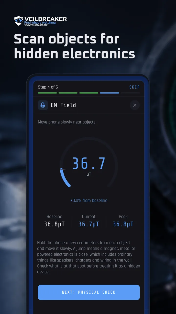 EM field step with a live magnetic field reading